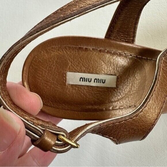 Miu Miu T-Strap Heels Bronze Metallic Jeweled Sandals 41 US 11 Sling Back Party - Picture 7 of 11